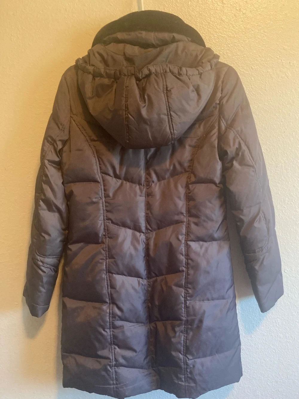 Michael Kors Dark Brown Long Puffer Coat with Faux Fur Collar